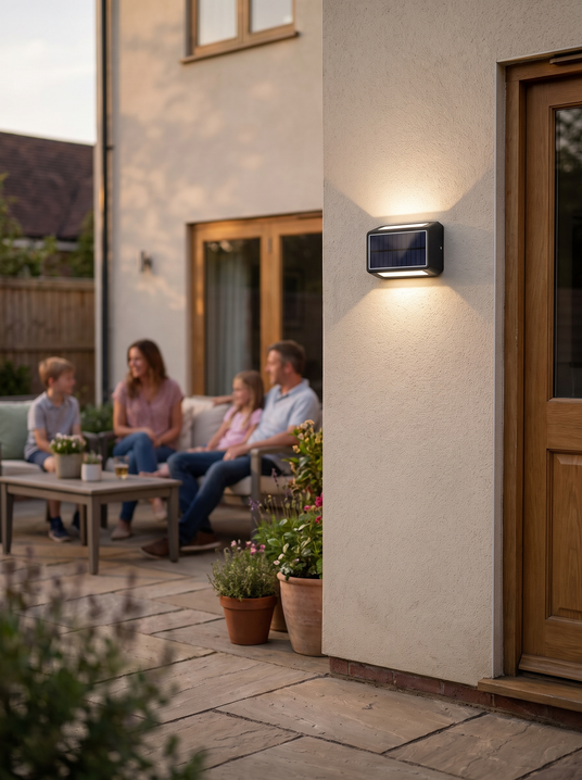 Solar up and down wall sconce mounted beside a back door with a family behind