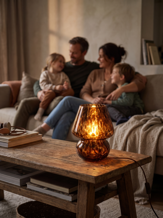 Amber blown glass mushroom lamp on a console table with a family behind