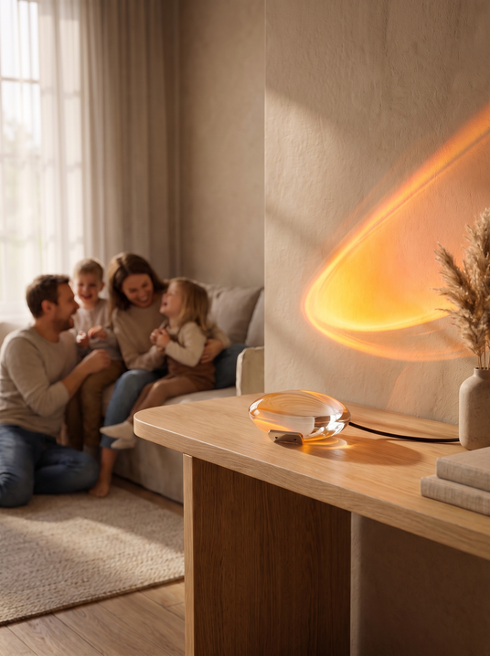 Crystal glass sunset projector lamp on a console table with a family behind