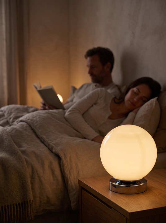 Glossy globe lamp dimmed on a bedside table with a couple behind