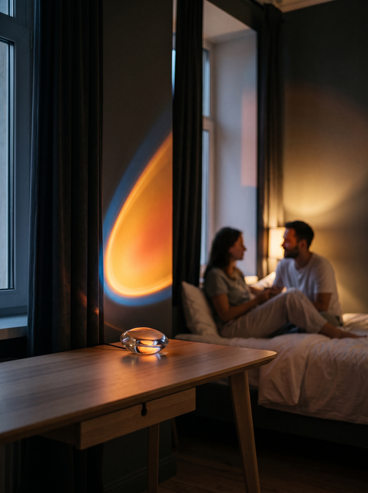 Crystal glass sunset projector lamp on a bedroom desk with a couple behind