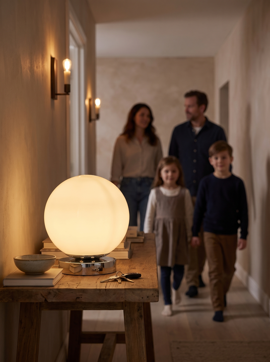 Glossy globe lamp on a hallway console table with a family behind