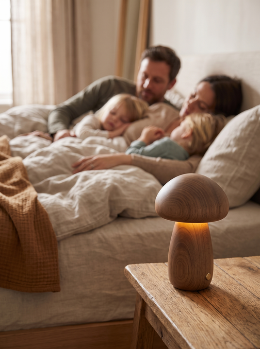 Solid wood mushroom night light on a nightstand with a family behind