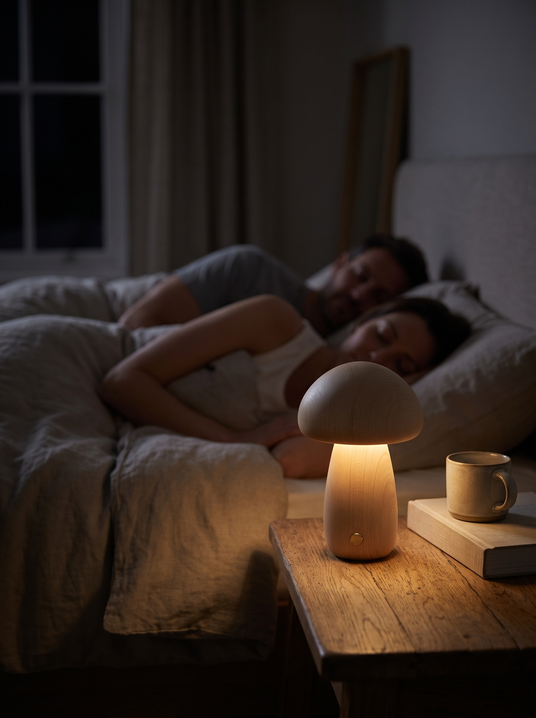 Solid wood mushroom night light glowing on a dark bedroom nightstand with a couple behind