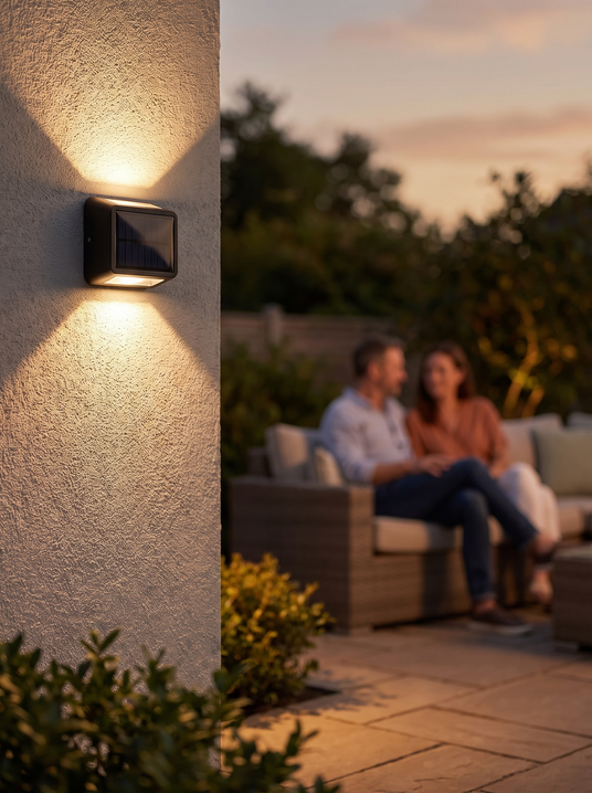 Solar up and down wall sconce on a patio wall with a couple behind