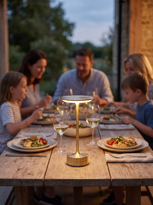 Cordless metal touch lamp on a dining table with a family eating behind