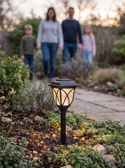Pagoda solar lantern staked at the edge of a garden path with a family behind