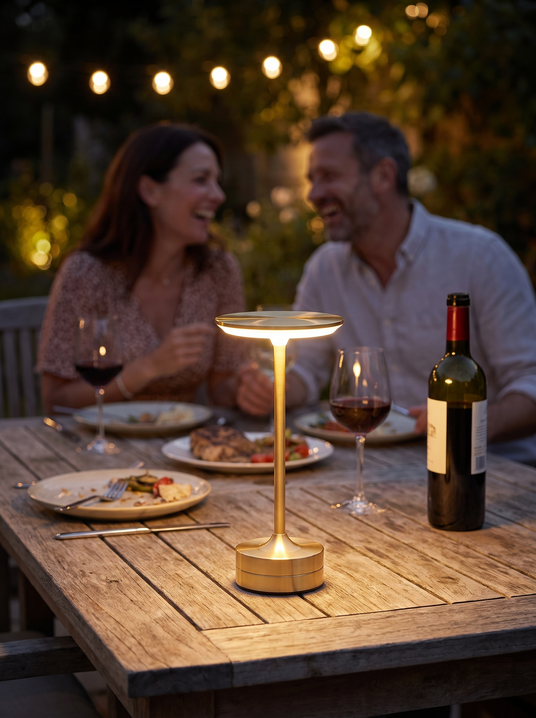 Cordless metal touch lamp on a terrace dining table with a couple behind