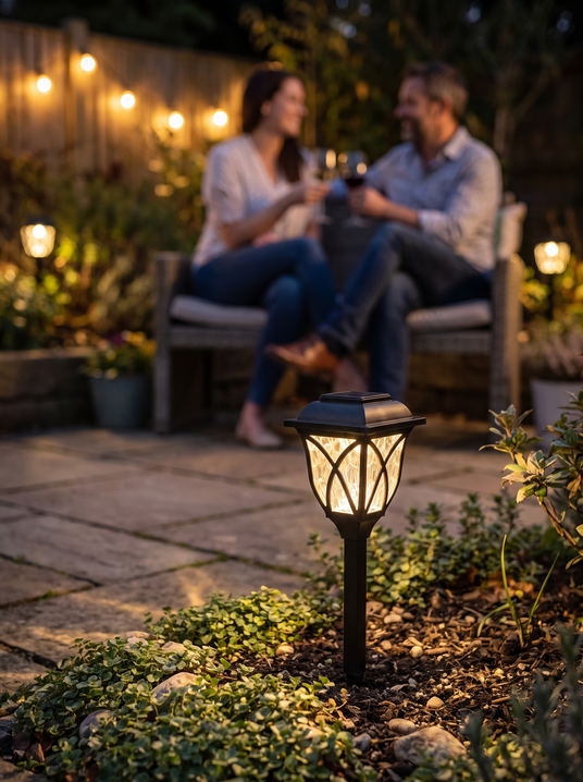 Pagoda solar lantern staked in a garden border beside a patio with a couple behind