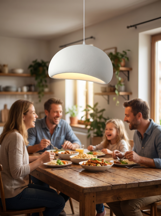 Nubia cloud sphere pendant above a family dining table