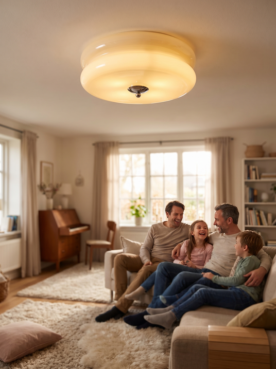 Art Deco ribbed glass flush mount in a family living room