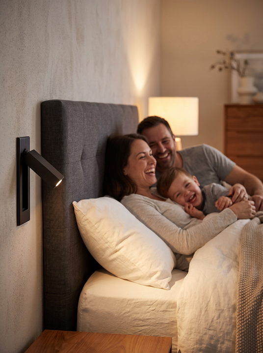 Recessed folding bedside sconce beside a headboard