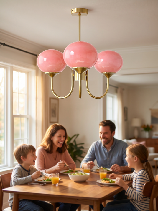 Marshmallow glass chandelier above a family dining table