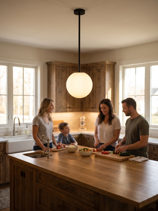 Gran Finale six head chandelier above a kitchen island