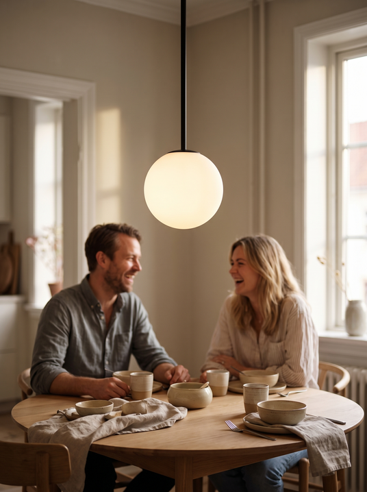 Gran Finale six head chandelier above a round dining table