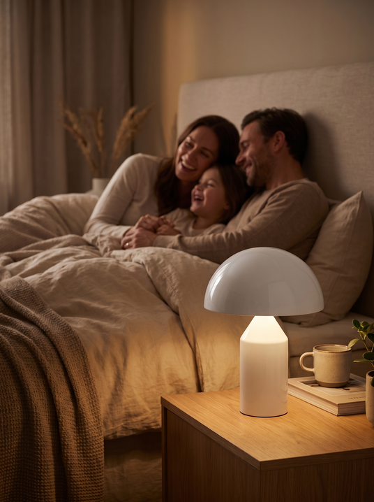 Atollo mushroom table lamp on a bedside table
