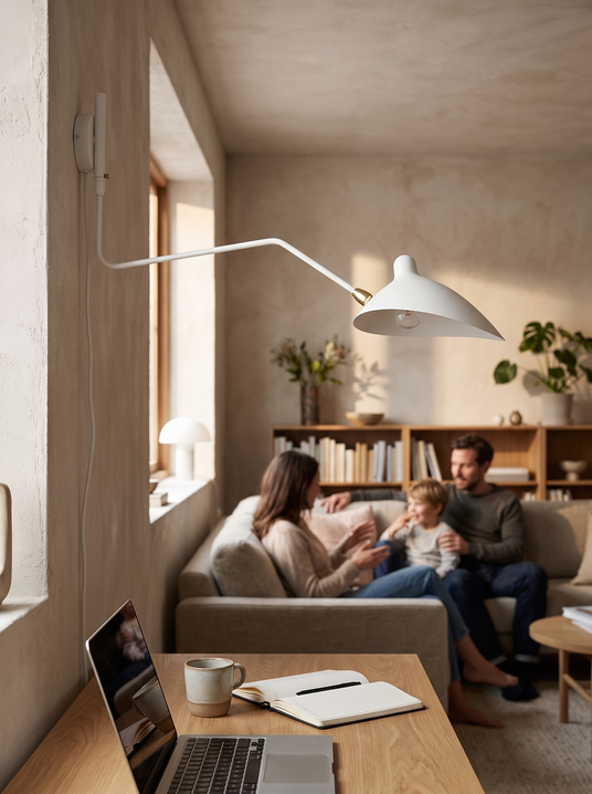 Serge Mouille swing arm wall sconce above a desk