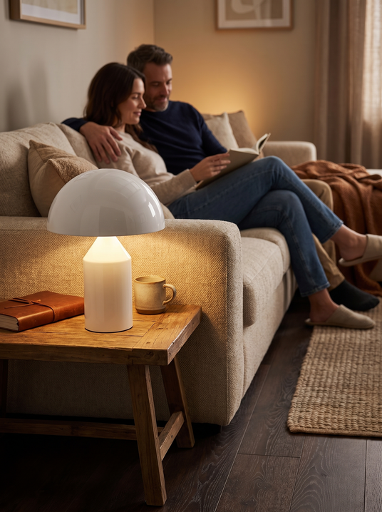 Atollo mushroom table lamp on a side table beside a sofa