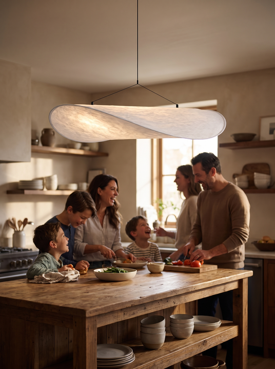 Tense oval silk pendant above a kitchen island