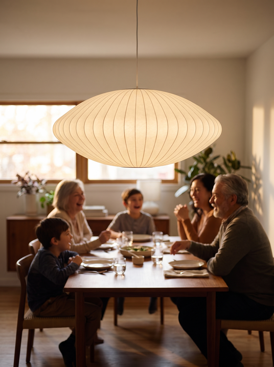 Crisscross bubble silk pendant above a family dining table