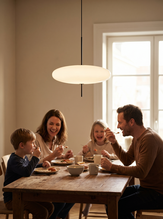 Opal disc two tier pendant above a family dining table