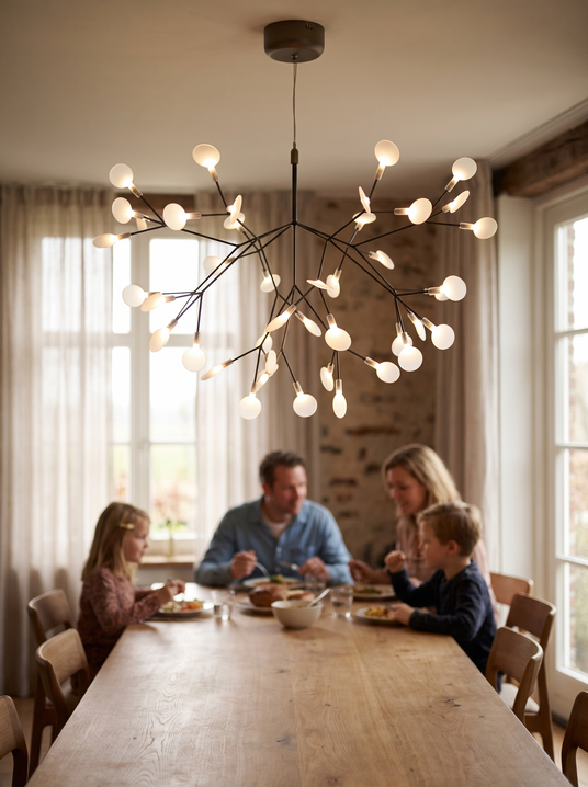 Black firefly LED chandelier above a family dining table