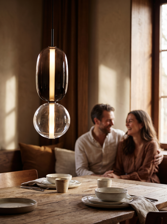 Candied hand blown glass pendant above a dining table