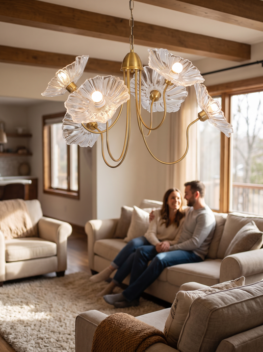 Lotus leaf glass chandelier above a living room seating area