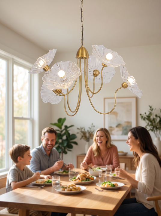 Lotus leaf glass chandelier above a family dining table