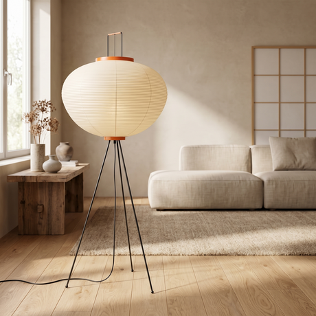 Japandi White Rice Paper Floor Lamp in a styled living room