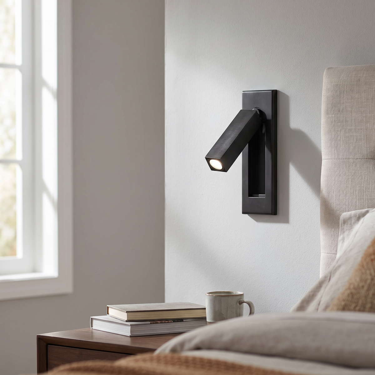 Minimalist Metal Recessed Sconce in a styled bedroom