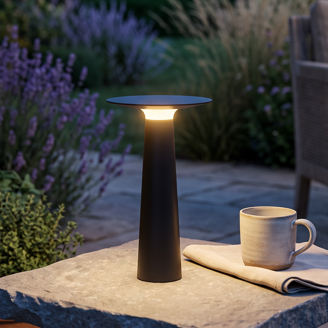 Modern Black Disc Table Lamp – Solar Lamp for Patio