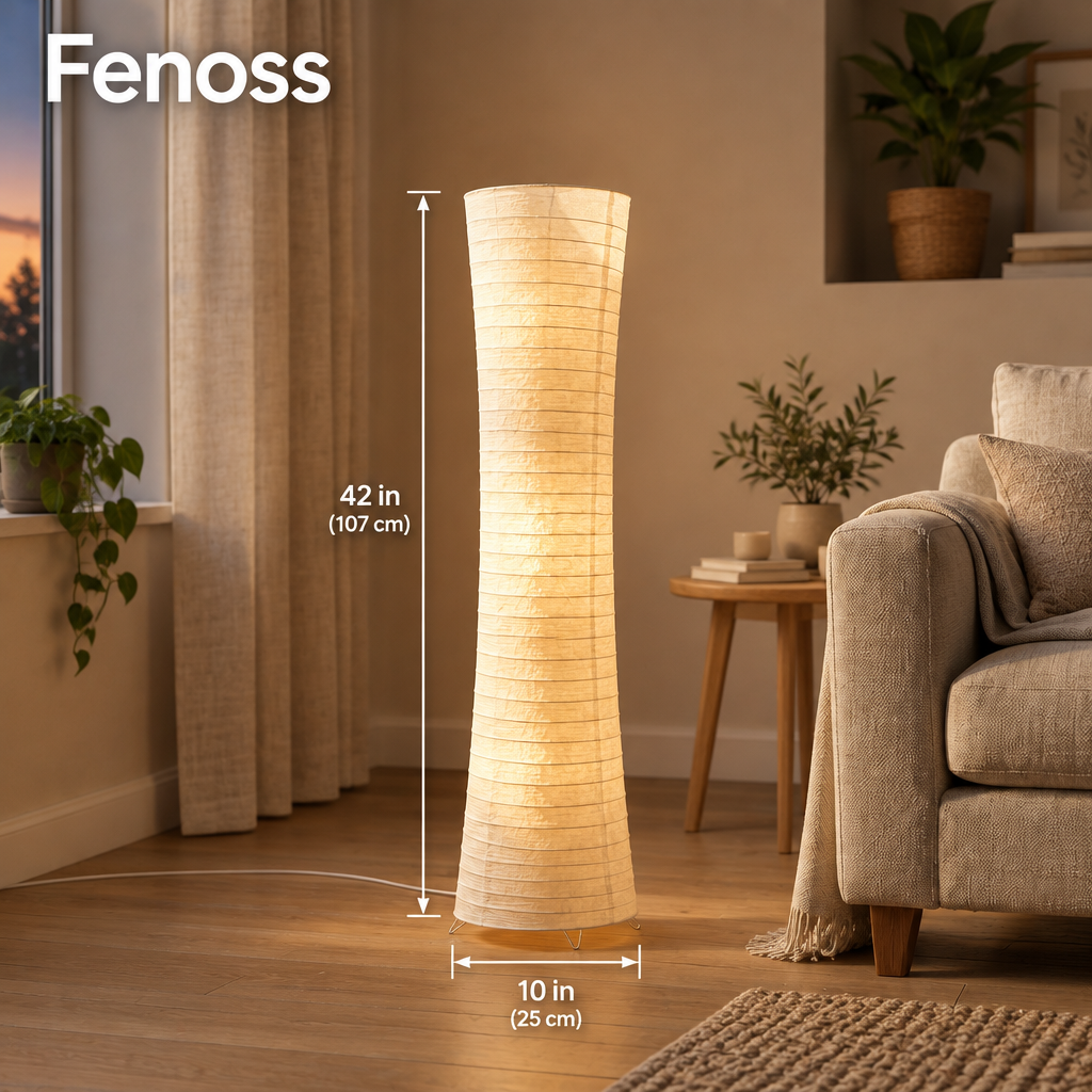 Fenoss Paper Column Floor Lamp in a living room, 42 in tall x 10 in wide