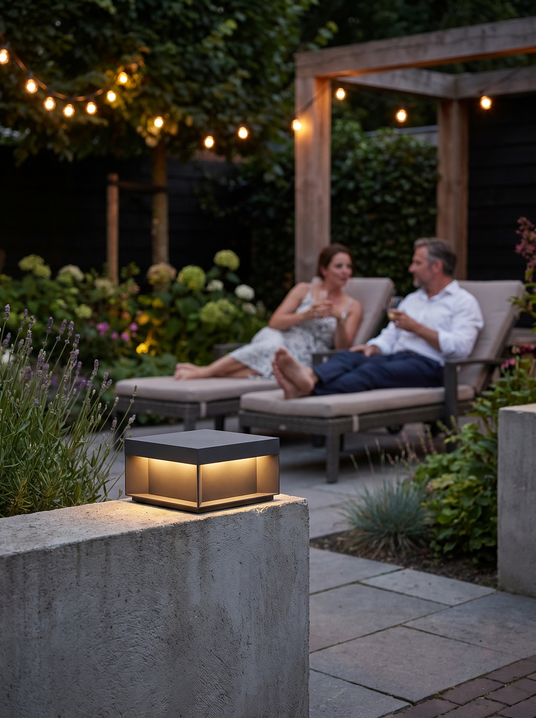 Modern Solar Box Post Light on a garden wall post with a couple relaxing on the patio