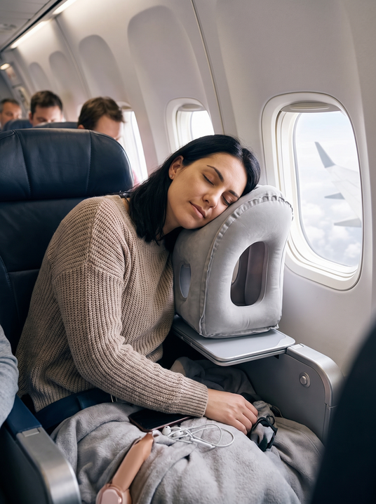 Fenoss Inflatable Headrest Travel Pillow lifestyle photo 1: Nap Upright, Wake Up Fine