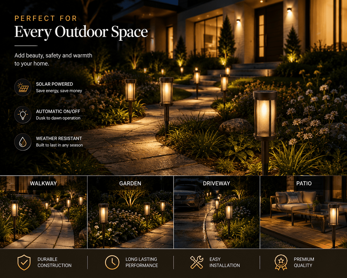 Modern Glass Solar Path Lights – Lantern Stake for Walkways (8 Pack)