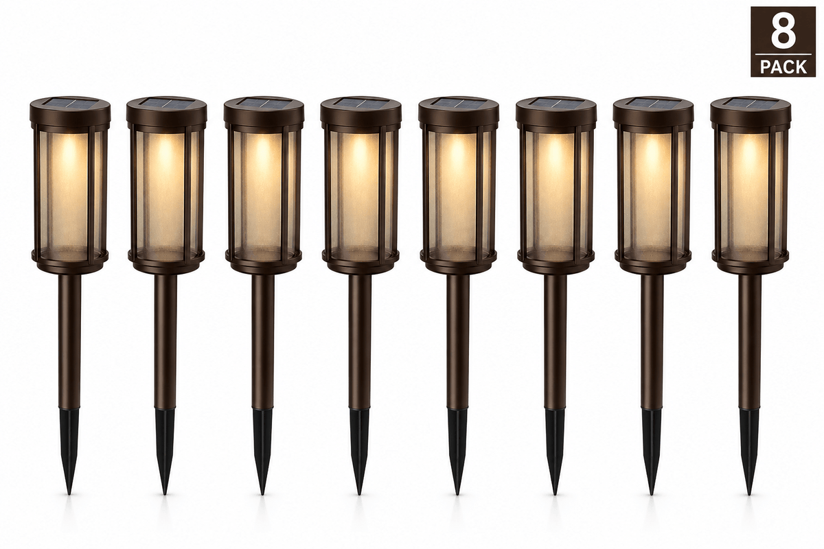 Modern Glass Solar Path Lights – Lantern Stake for Walkways (8 Pack)
